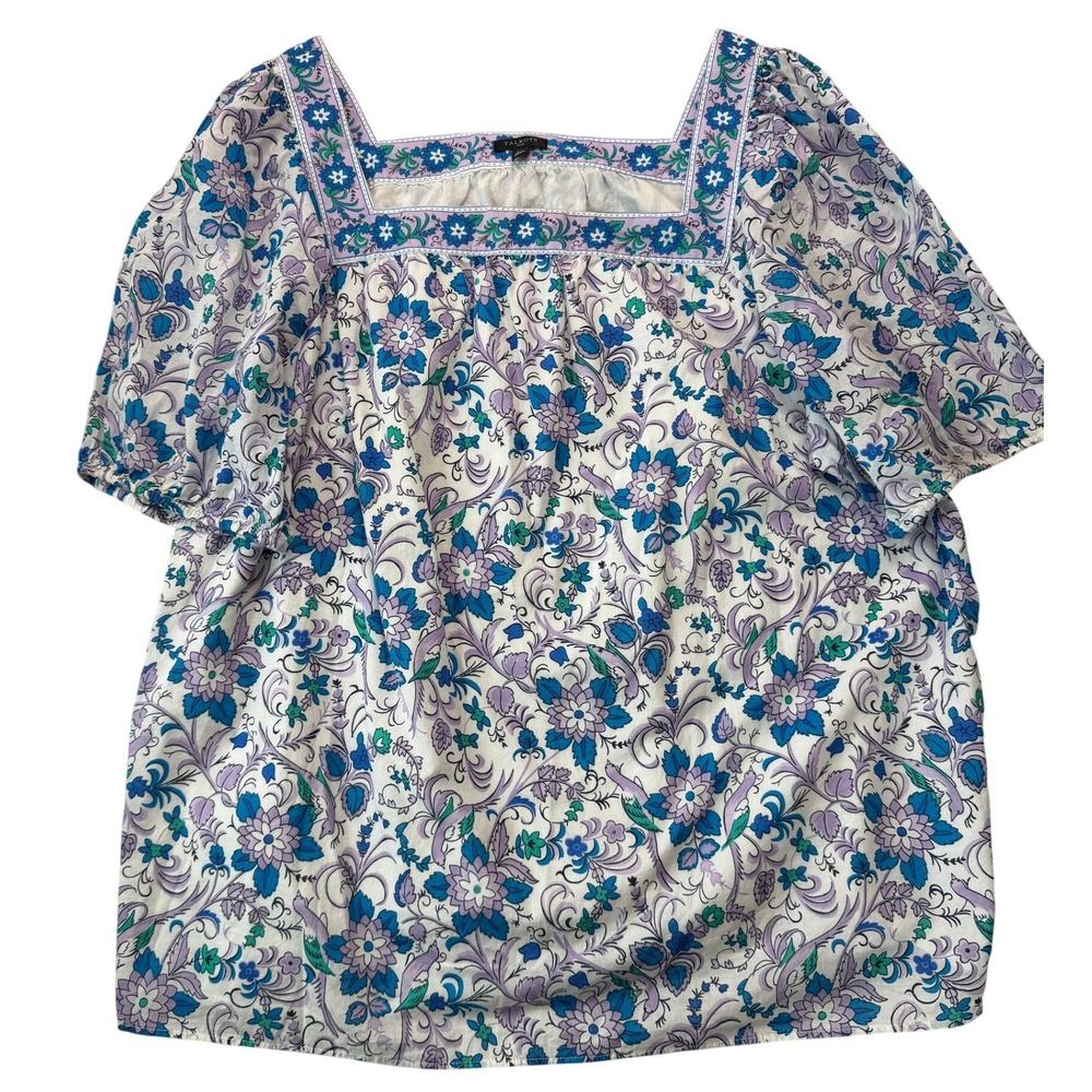 Talbots Floral Blouse Women 2X Purple Cotton Cottage Spring Boho Top Garden Bird